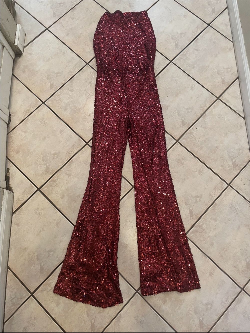 Fashion Nova Burgundy Sequin Strapless Jumpsuit